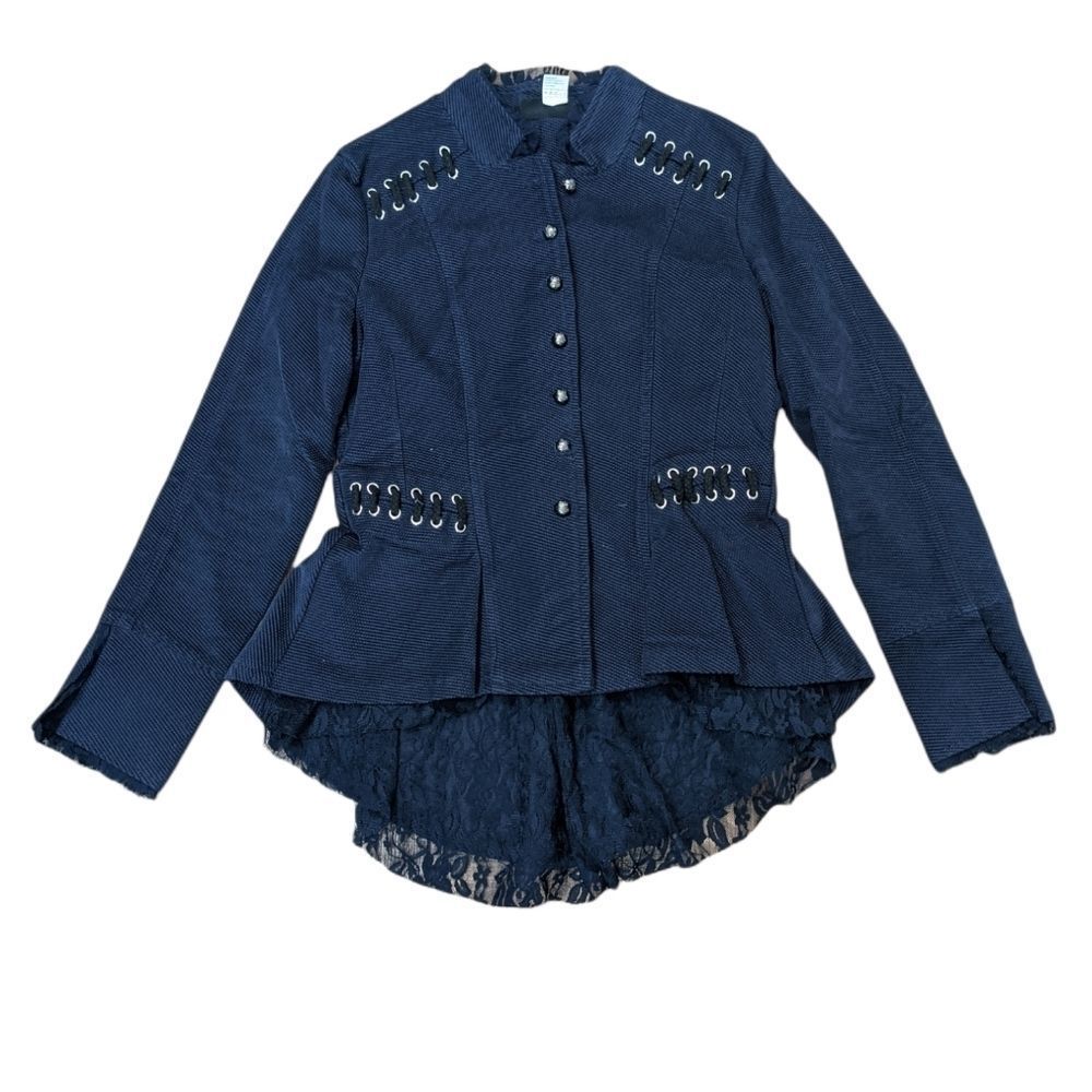THE PYRAMID COLLECTION Women's Navy Blue & Black Military Ruffle Lace Jacket.